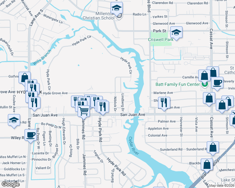map of restaurants, bars, coffee shops, grocery stores, and more near 1855 Cedar River Drive in Jacksonville