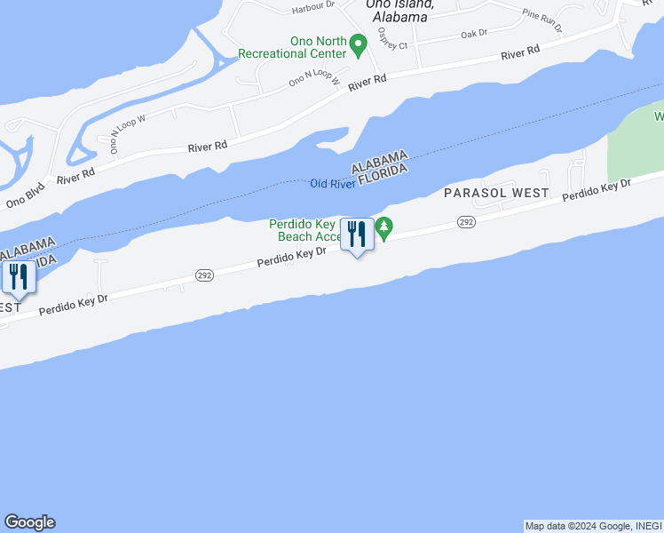 map of restaurants, bars, coffee shops, grocery stores, and more near 16551 Perdido Key Drive in Pensacola