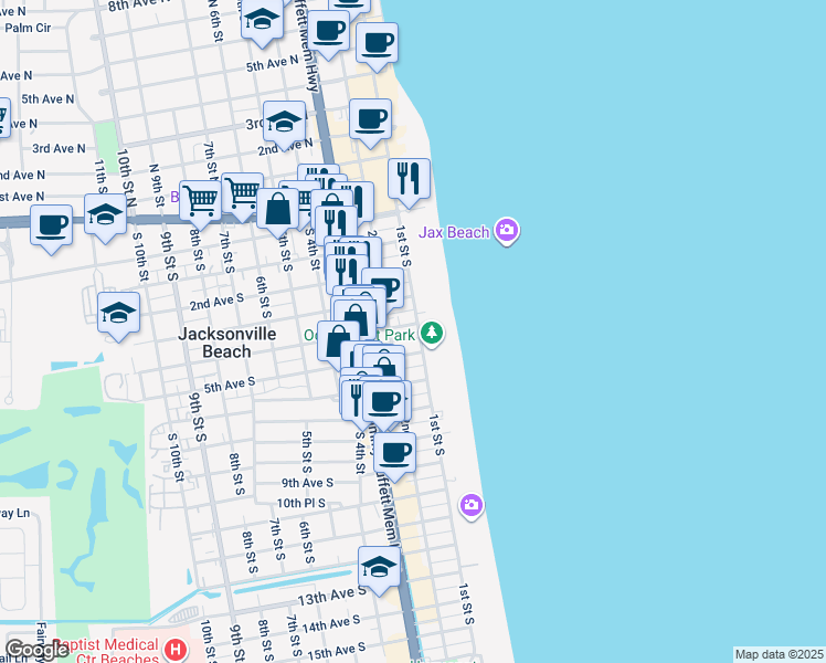 map of restaurants, bars, coffee shops, grocery stores, and more near 349 1st Street South in Jacksonville Beach