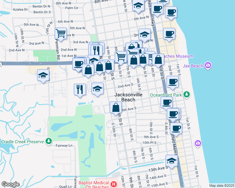 map of restaurants, bars, coffee shops, grocery stores, and more near 817 Lincoln Court South in Jacksonville Beach