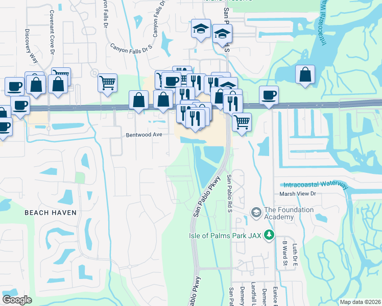map of restaurants, bars, coffee shops, grocery stores, and more near 3439 Washburn Rd in Jacksonville