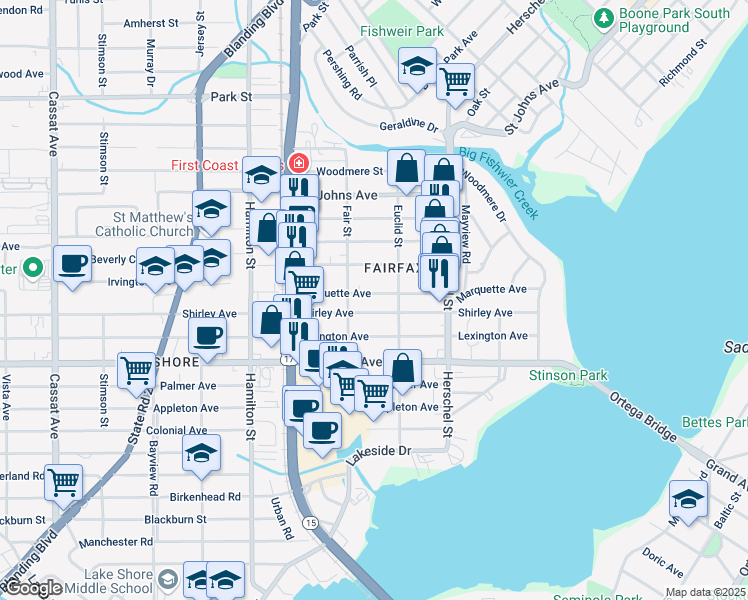 map of restaurants, bars, coffee shops, grocery stores, and more near 4341 Marquette Avenue in Jacksonville