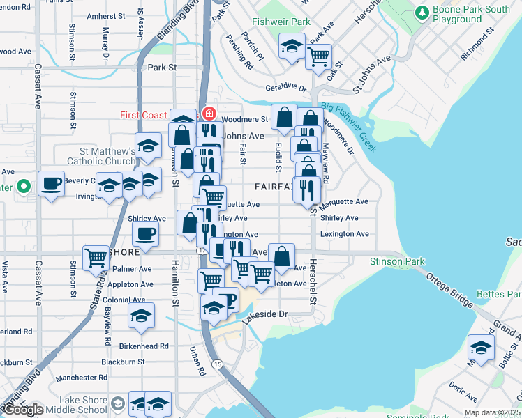 map of restaurants, bars, coffee shops, grocery stores, and more near 4341 Marquette Avenue in Jacksonville