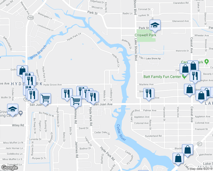 map of restaurants, bars, coffee shops, grocery stores, and more near 1855 Cedar River Drive in Jacksonville