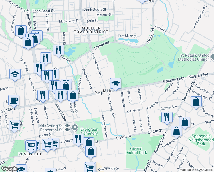 map of restaurants, bars, coffee shops, grocery stores, and more near 1919 E. M. Franklin Avenue in Austin