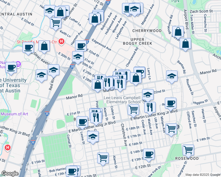 map of restaurants, bars, coffee shops, grocery stores, and more near 2903 Breeze Terrace in Austin