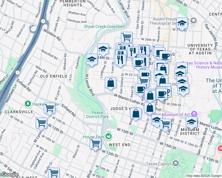 map of restaurants, bars, coffee shops, grocery stores, and more near 1915 Robbins Place in Austin