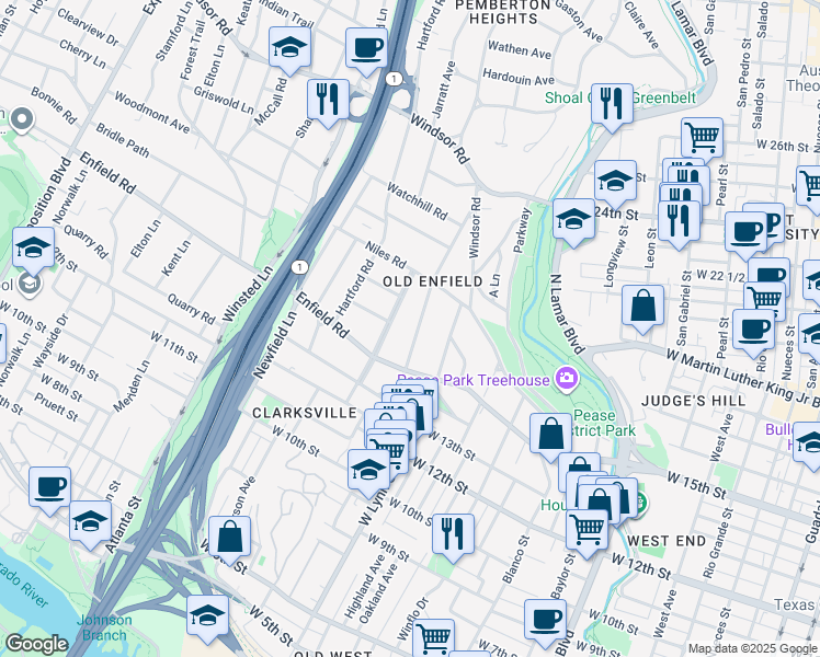 map of restaurants, bars, coffee shops, grocery stores, and more near 1700 Woodlawn Boulevard in Austin