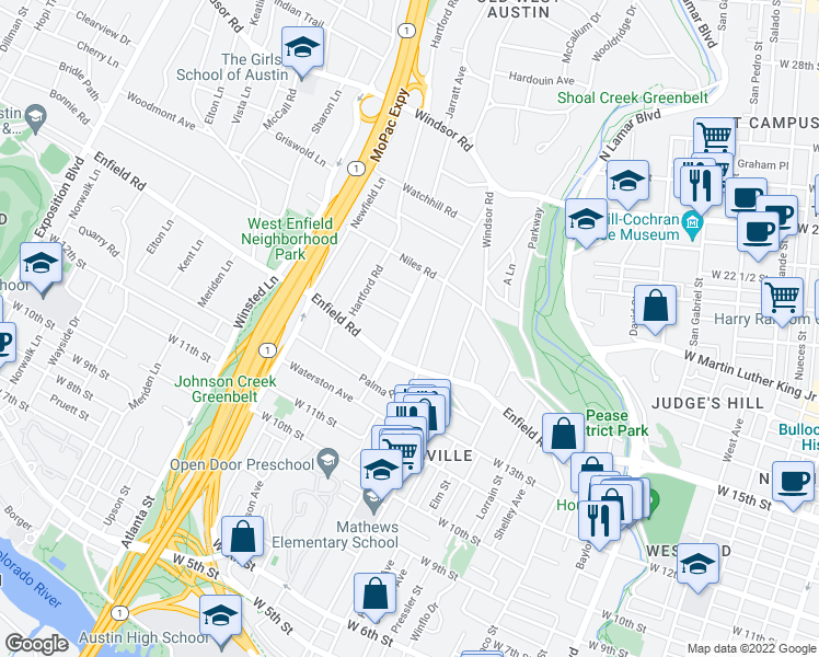 map of restaurants, bars, coffee shops, grocery stores, and more near 1700 Woodlawn Boulevard in Austin