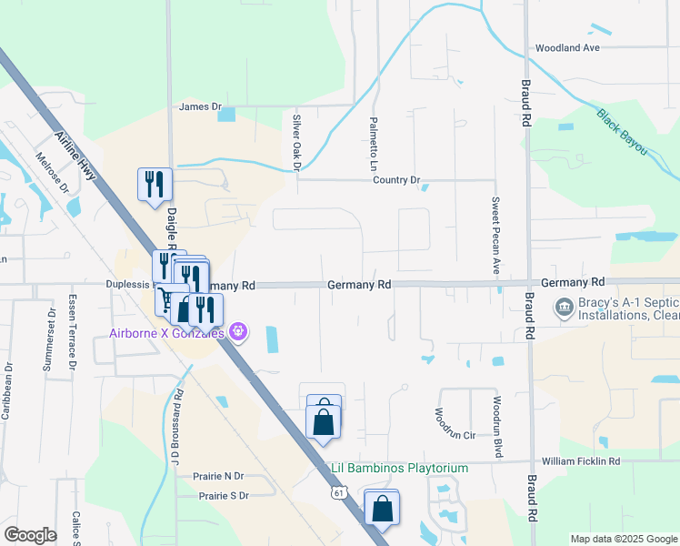 map of restaurants, bars, coffee shops, grocery stores, and more near 39268 Germany Road in Prairieville