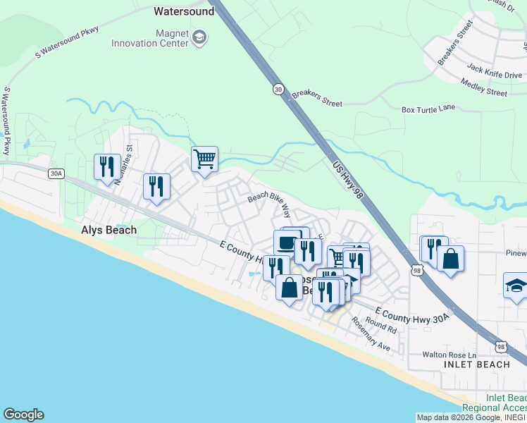 map of restaurants, bars, coffee shops, grocery stores, and more near 41 Beachcomber Lane in Rosemary Beach