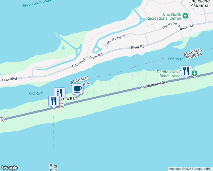 map of restaurants, bars, coffee shops, grocery stores, and more near 16990 Perdido Key Drive in Pensacola
