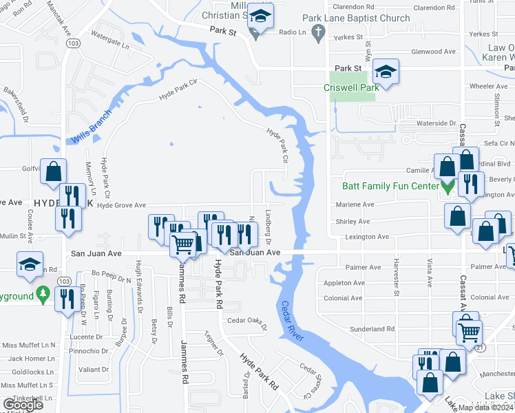 map of restaurants, bars, coffee shops, grocery stores, and more near 1905 Niblick Drive in Jacksonville
