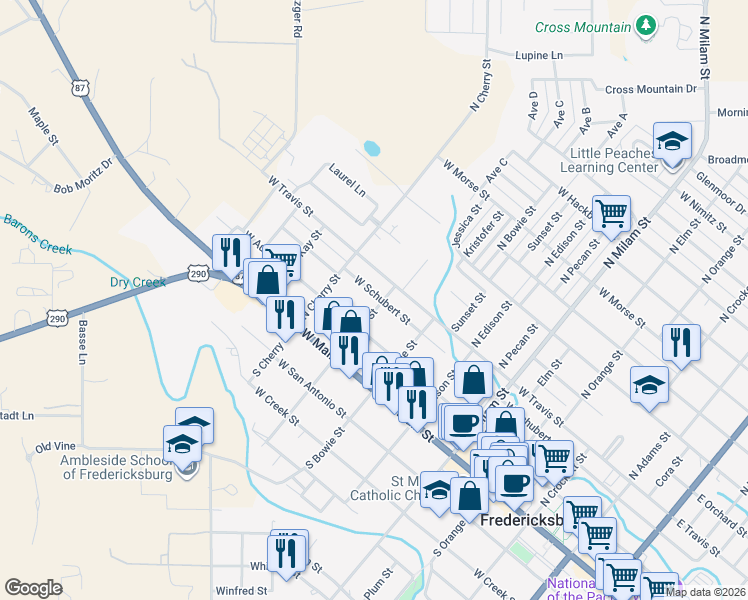 map of restaurants, bars, coffee shops, grocery stores, and more near 306 North Acorn Street in Fredericksburg