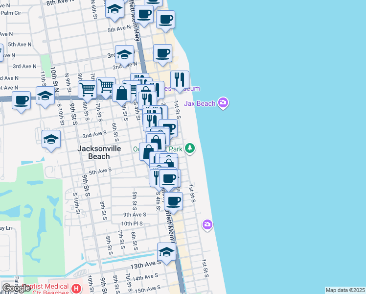map of restaurants, bars, coffee shops, grocery stores, and more near 410 S 1st St in Jacksonville Beach