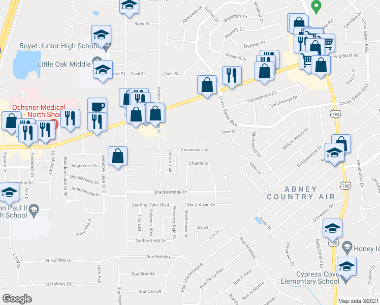map of restaurants, bars, coffee shops, grocery stores, and more near 109 Cornerstone Drive in Slidell