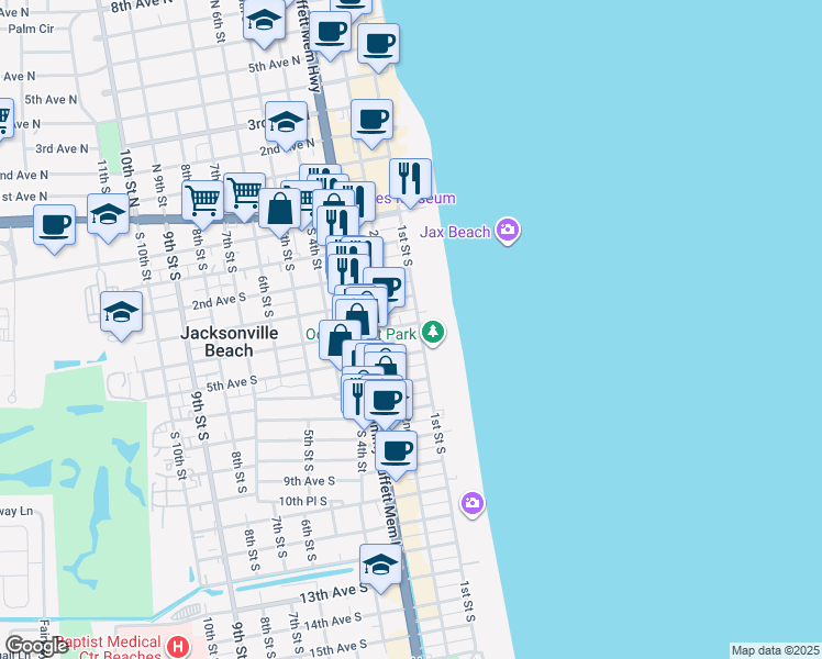 map of restaurants, bars, coffee shops, grocery stores, and more near 349 1st Street South in Jacksonville Beach