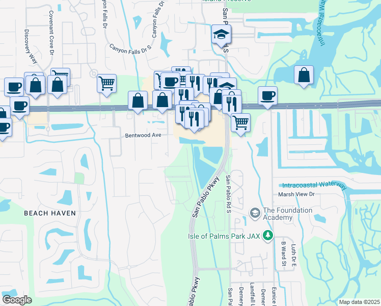 map of restaurants, bars, coffee shops, grocery stores, and more near 3439 Washburn Rd in Jacksonville