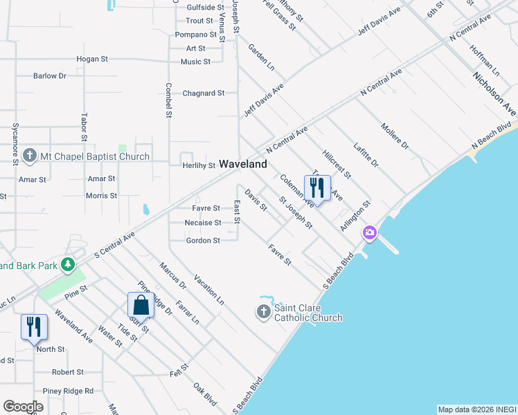 map of restaurants, bars, coffee shops, grocery stores, and more near 312 Perron Street in Waveland