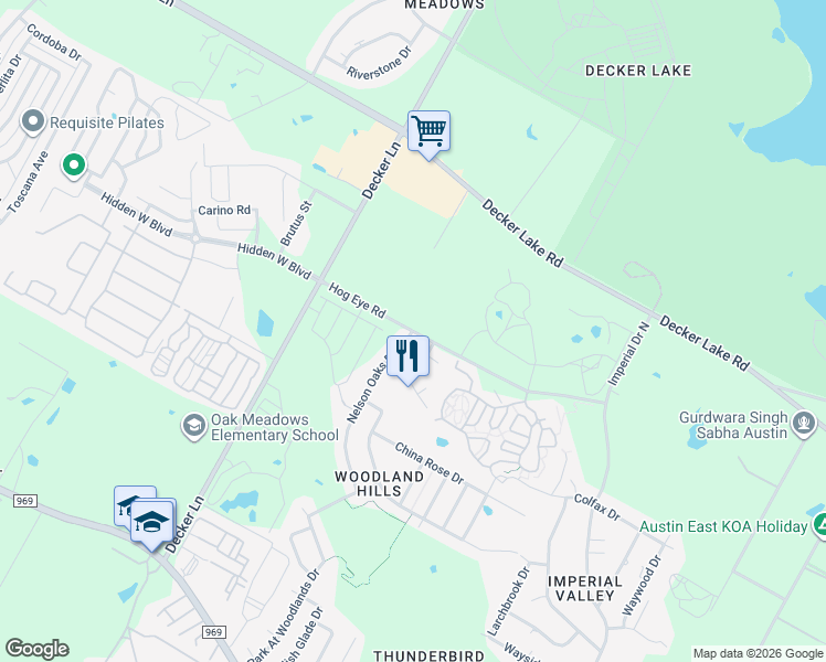 map of restaurants, bars, coffee shops, grocery stores, and more near 8880 Hog Eye Road in Austin