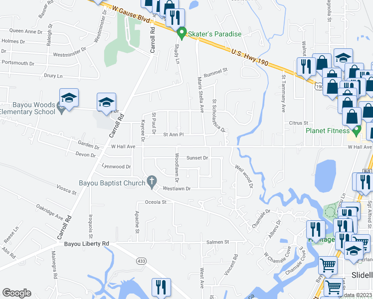 map of restaurants, bars, coffee shops, grocery stores, and more near 1477 West Hall Avenue in Slidell