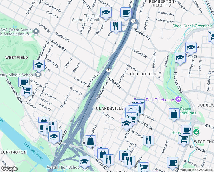 map of restaurants, bars, coffee shops, grocery stores, and more near 1405 Newfield Lane in Austin