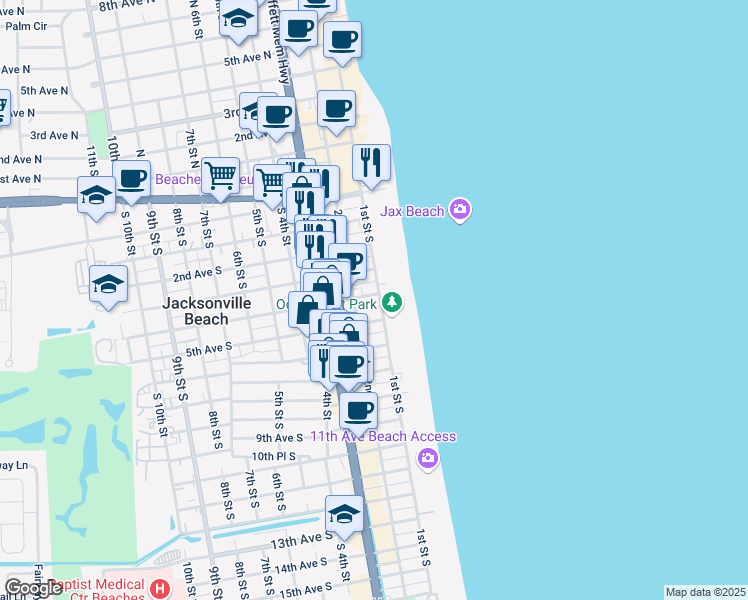 map of restaurants, bars, coffee shops, grocery stores, and more near 400 1st Street South in Jacksonville Beach