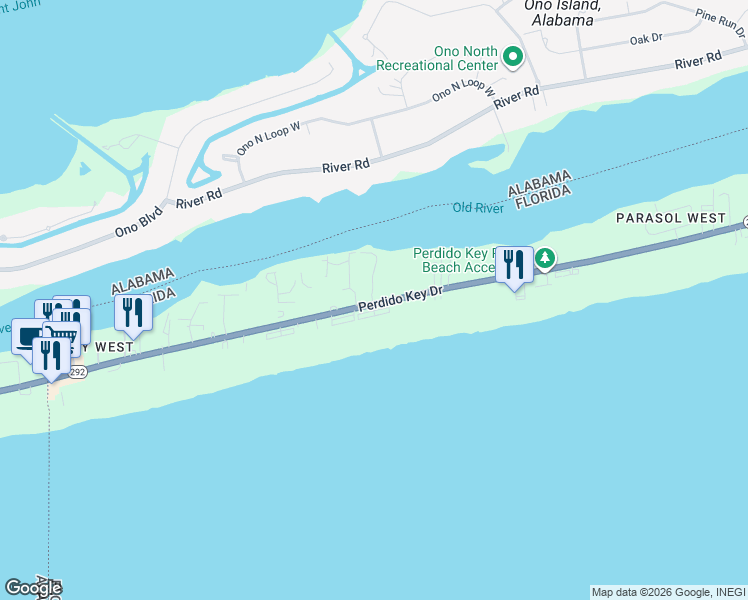 map of restaurants, bars, coffee shops, grocery stores, and more near 16777 Perdido Key Drive in Pensacola