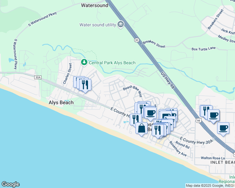 map of restaurants, bars, coffee shops, grocery stores, and more near 141 Seacrest Beach Boulevard West in Panama City Beach