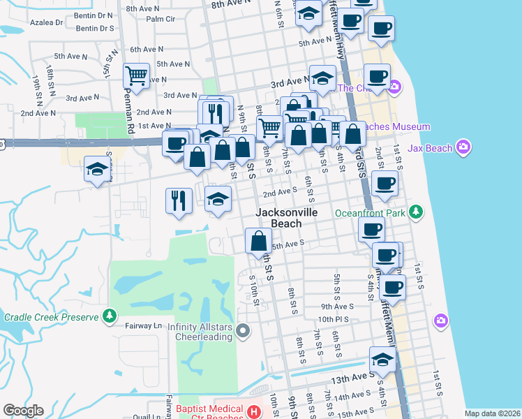map of restaurants, bars, coffee shops, grocery stores, and more near 817 Lincoln Court South in Jacksonville Beach