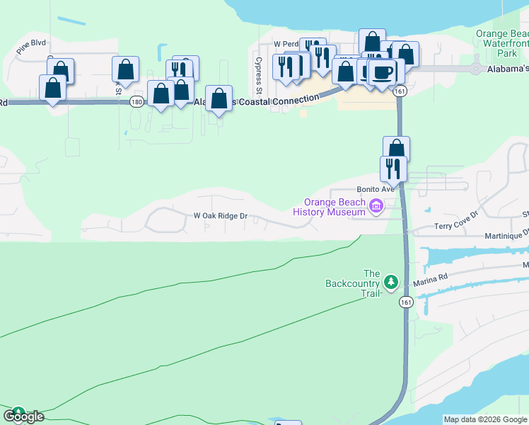 map of restaurants, bars, coffee shops, grocery stores, and more near 25507 West Oak Ridge Drive in Orange Beach