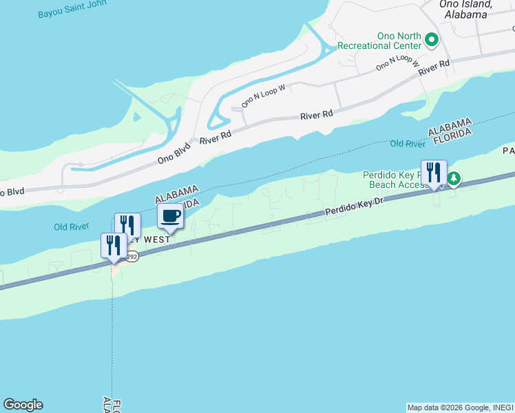 map of restaurants, bars, coffee shops, grocery stores, and more near 16990 Perdido Key Drive in Pensacola