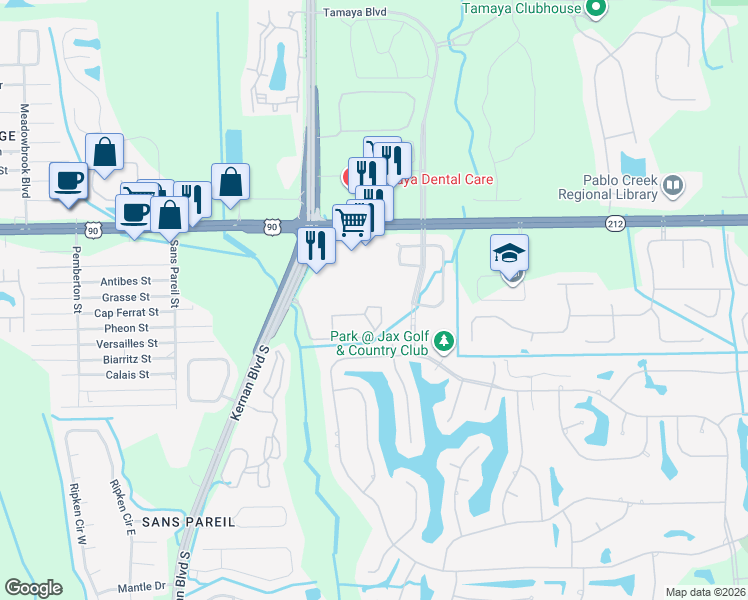 map of restaurants, bars, coffee shops, grocery stores, and more near 3591 Kernan Boulevard South in Jacksonville