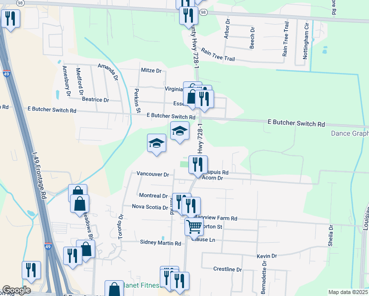 map of restaurants, bars, coffee shops, grocery stores, and more near 4201 Moss Street in Lafayette