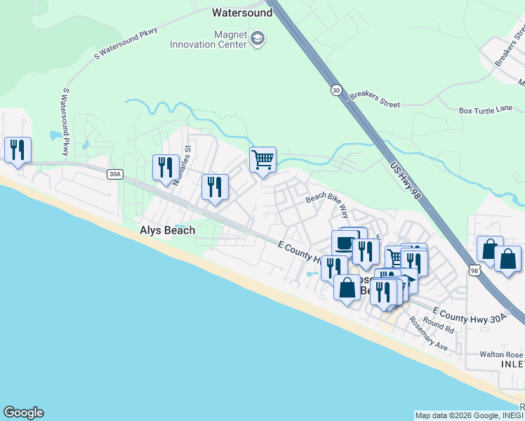 map of restaurants, bars, coffee shops, grocery stores, and more near 151 Woody Wagon Way in Rosemary Beach