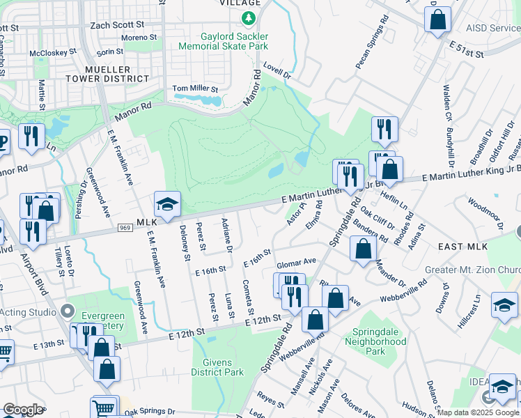 map of restaurants, bars, coffee shops, grocery stores, and more near 1808 Wildrose Drive in Austin