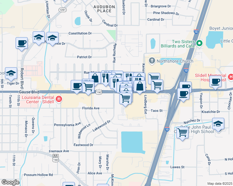 map of restaurants, bars, coffee shops, grocery stores, and more near in Slidell