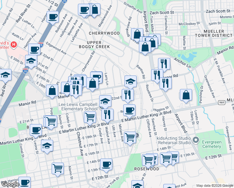 map of restaurants, bars, coffee shops, grocery stores, and more near 2804 East 22nd Street in Austin