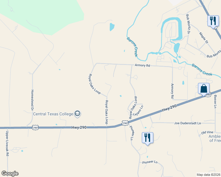 map of restaurants, bars, coffee shops, grocery stores, and more near 715 Royal Oaks Hill in Fredericksburg