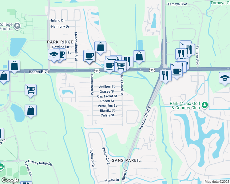 map of restaurants, bars, coffee shops, grocery stores, and more near 3420 Sans Pareil Street in Jacksonville