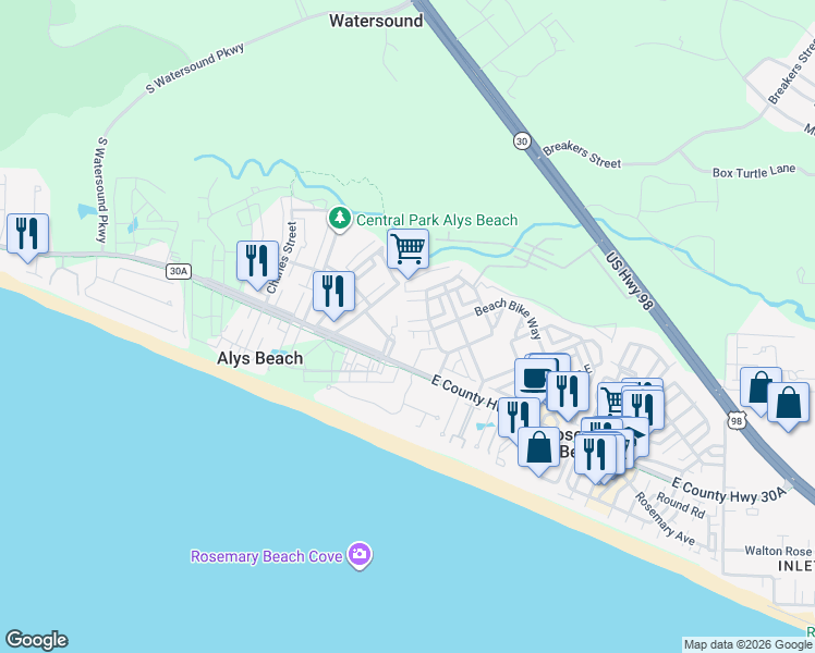 map of restaurants, bars, coffee shops, grocery stores, and more near 151 Woody Wagon Way in Rosemary Beach