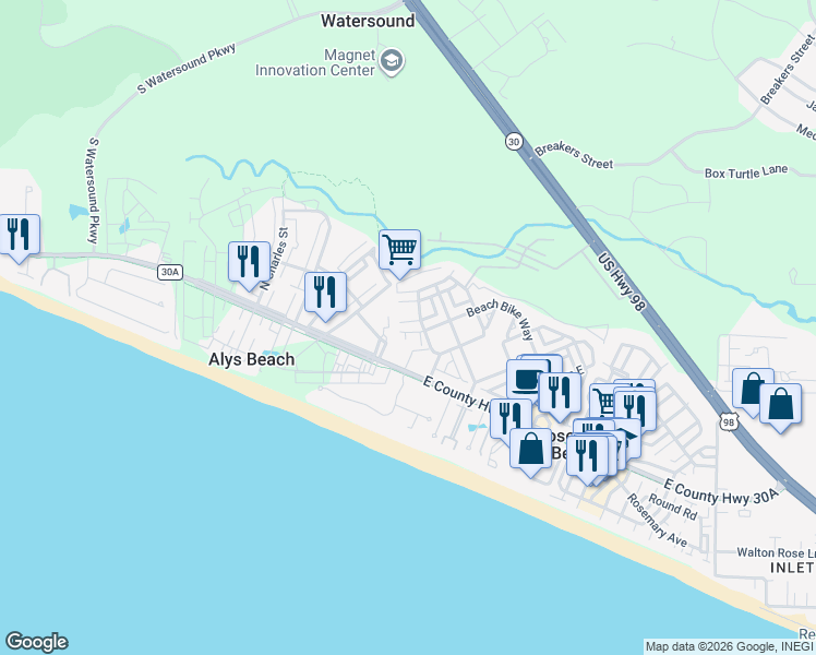 map of restaurants, bars, coffee shops, grocery stores, and more near 151 Woody Wagon Way in Rosemary Beach