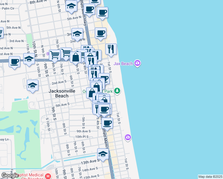 map of restaurants, bars, coffee shops, grocery stores, and more near 349 1st Street South in Jacksonville Beach