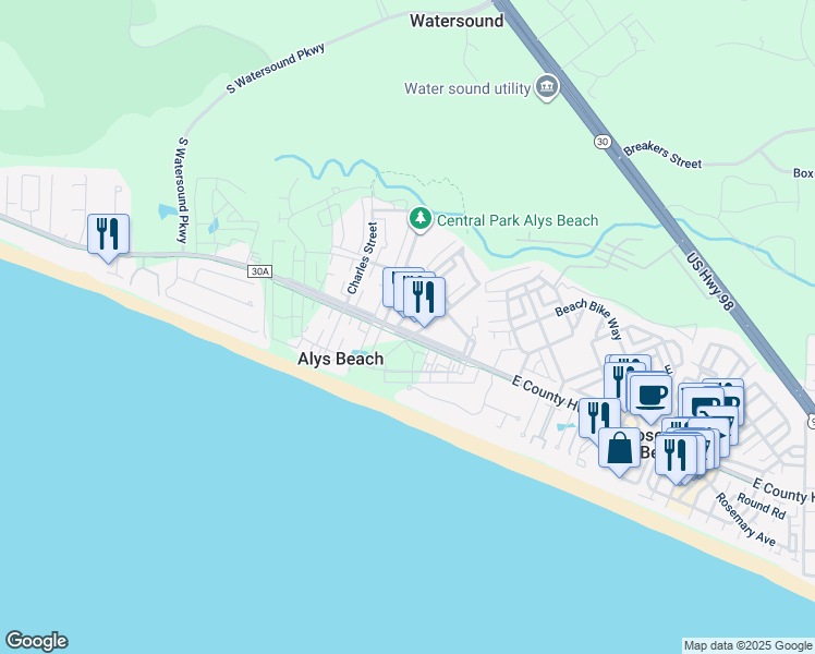 map of restaurants, bars, coffee shops, grocery stores, and more near 30 Mark Twain Lane in Alys Beach
