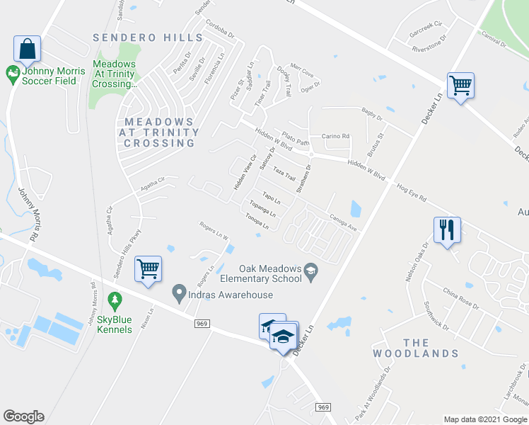 map of restaurants, bars, coffee shops, grocery stores, and more near 8001 Topanga Lane in Austin