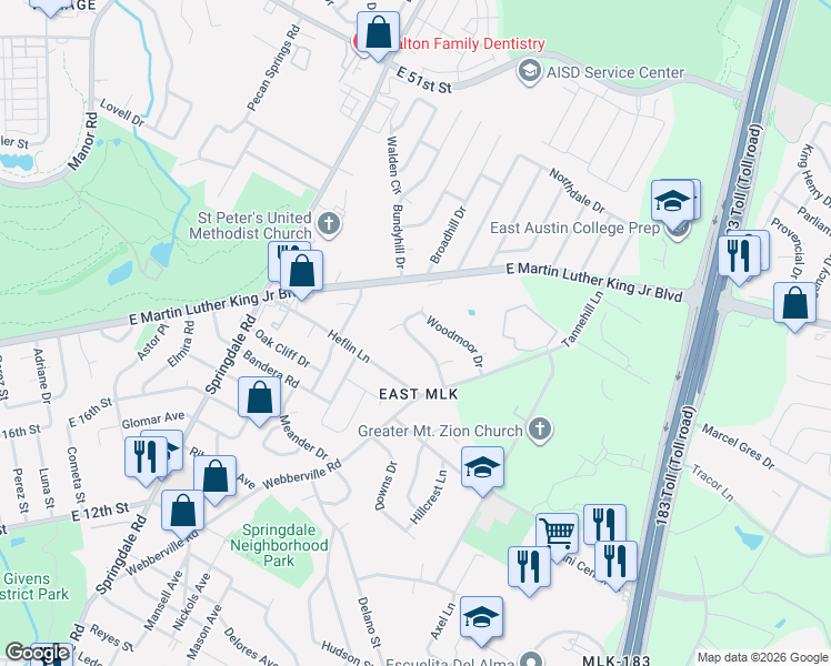 map of restaurants, bars, coffee shops, grocery stores, and more near 5100 Stone Gate Drive in Austin