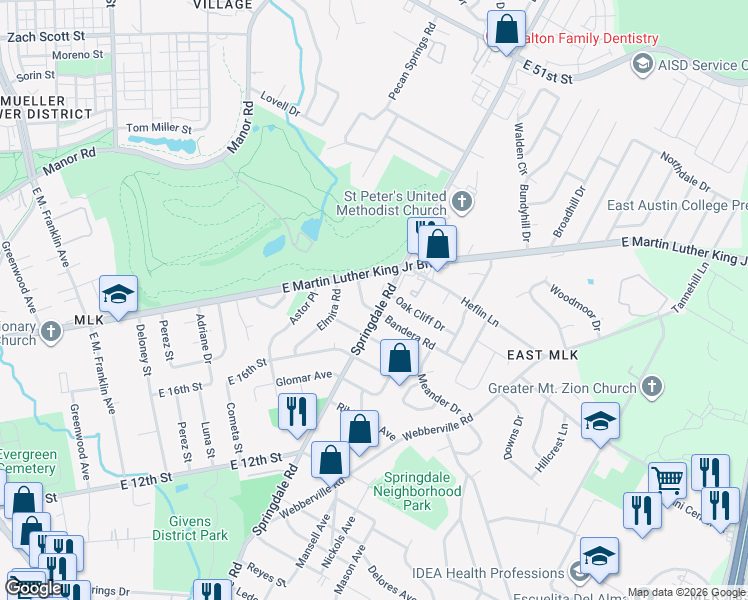 map of restaurants, bars, coffee shops, grocery stores, and more near 1802 Springdale Road in Austin