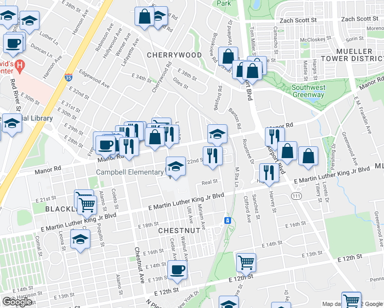 map of restaurants, bars, coffee shops, grocery stores, and more near 2805 Manor Road in Austin
