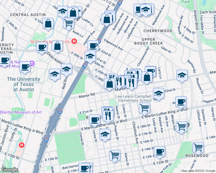 map of restaurants, bars, coffee shops, grocery stores, and more near 2800 French Place in Austin