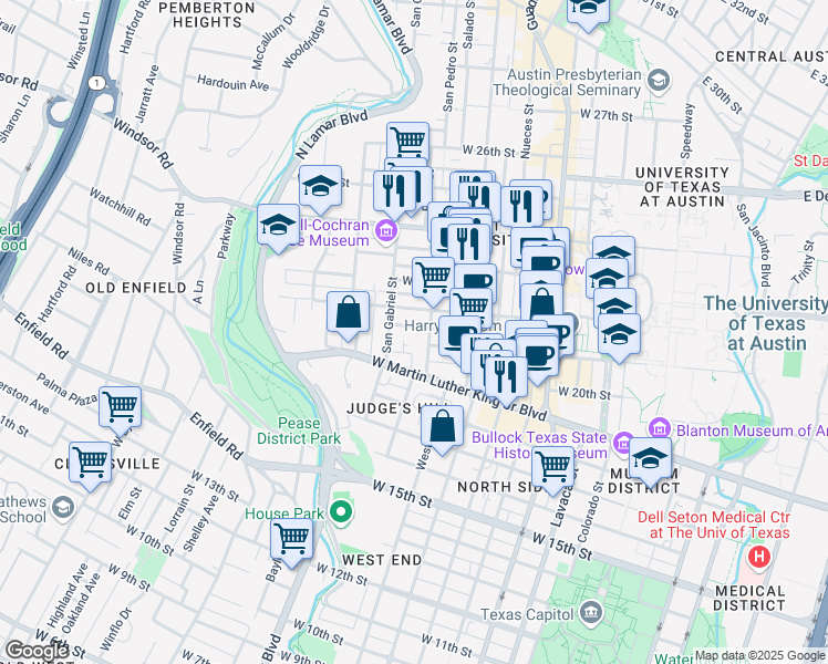 map of restaurants, bars, coffee shops, grocery stores, and more near 908 West 21st Street in Austin